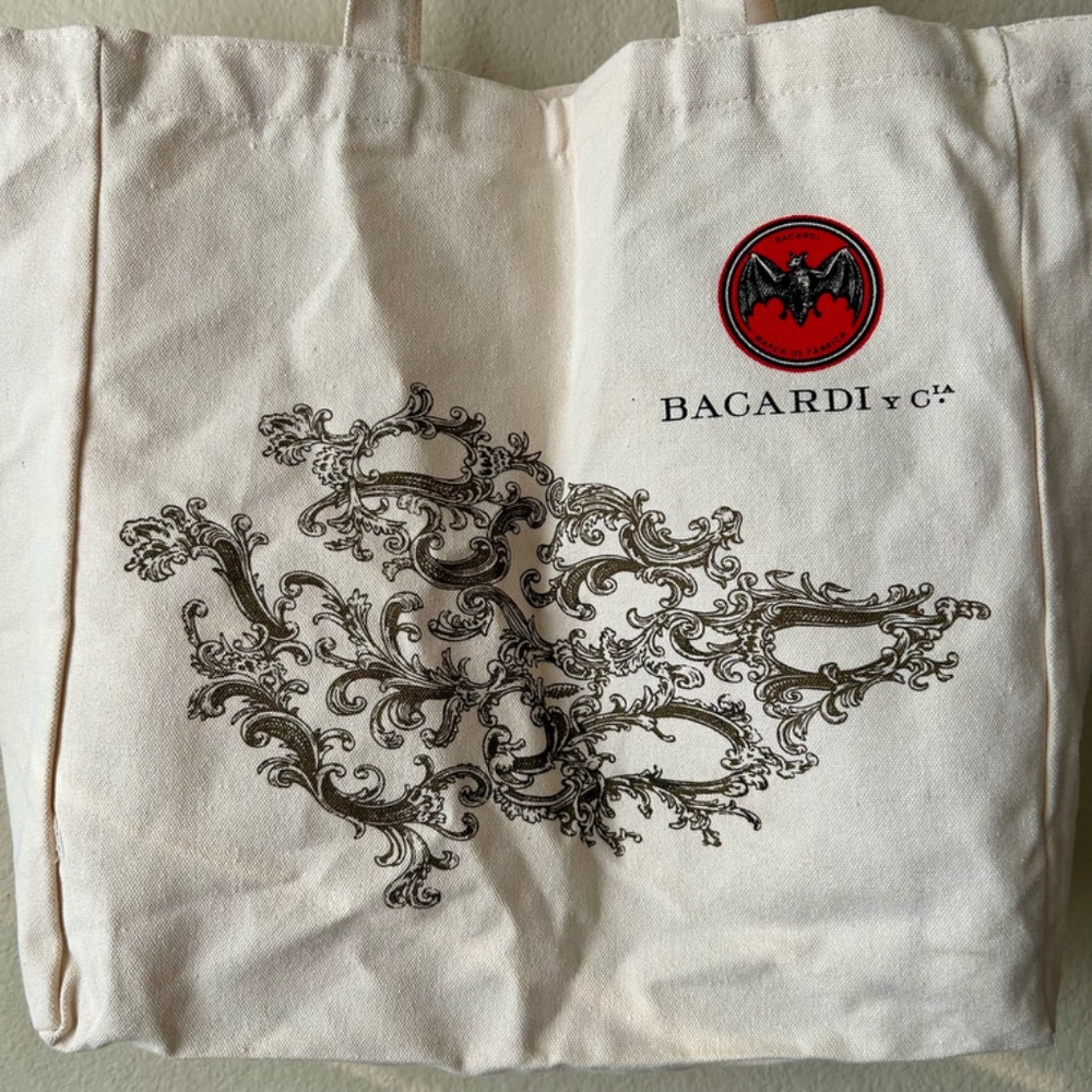 Bacardi Canvas Tote Bag Cream Handles Bat Logo Scroll Tree Passion Fortune Unity - Picture 2 of 8